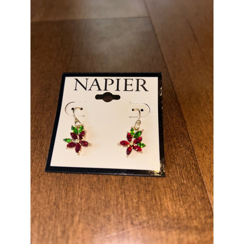 Napier Christmas Poinsettia Earrings Red Green Rhinestone Gold Tone
